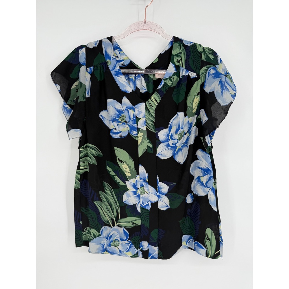 Philosophy Black Floral Print V Neck Short Sleeve Blouse Women's Sz S‎